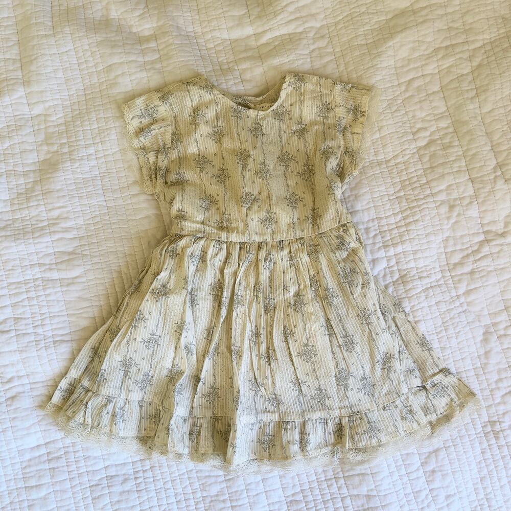Noralee Cream and Grey Floral Dress Girls Size 4 Cotton